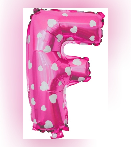 Balon Folie Metalizata Litera F, Flippy, 40 cm, Cu Imprimeu Inimioare, Umflati cu Heliu sau Aer, Ambalaj Individual, Pai inclus, Roz