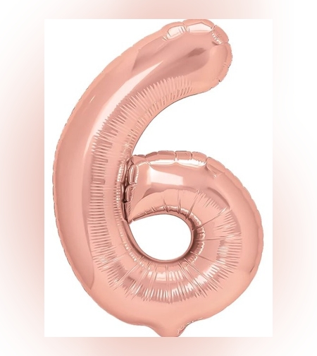 Balon din Folie Metalizata Flippy, Figurina Cifra, Tema Aniversare 40 cm, Ambalaj Individual, Pai inclus, Umflare cu Aer sau Heliu, Roz Gold, Cifra 6