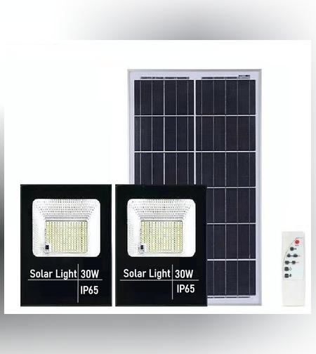 Set 2 proiectoare LED SMD 30W cu incarcare solara Flippy, panou solar, cu telecomanda, suport prindere, material ABS, 1.2AH, 200LED-uri, 13x13.5 cm, negru