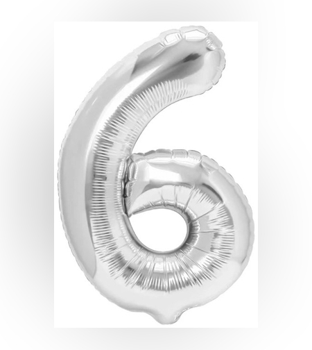Balon din Folie Metalizata Flippy, Figurina Cifra, Tema Aniversare 40 cm, Ambalaj Individual, Pai inclus, Umflare cu Aer sau Heliu, Argintiu, Cifra 6