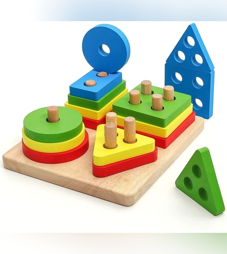 Jucarie Educativa Flippy, Tip Montessori, din Lemn, + 36 Luni, Forme Geometrice, 16 Piese, 12 x 12 cm, Multicolor