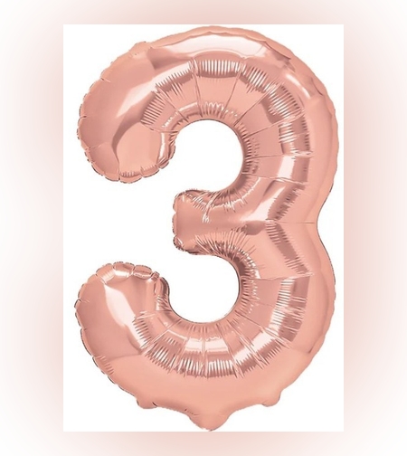 Balon din Folie Metalizata Flippy, Figurina Cifra, Tema Aniversare 100 cm, Ambalaj Individual, Pai inclus, Umflare cu Aer sau Heliu, Coral, Rose Gold, Cifra 3