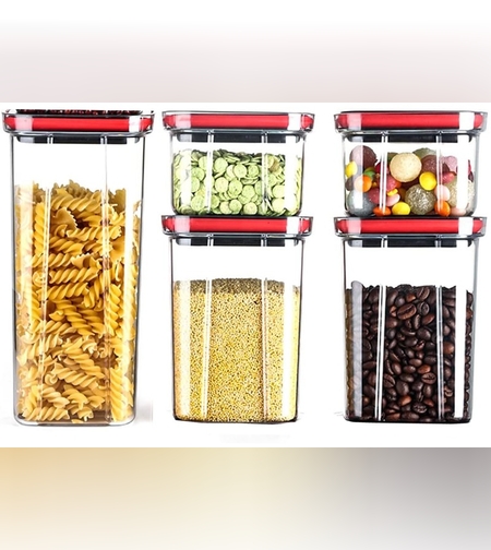 Cutii de Depozitare Alimente, Flippy, Set din 5 Cuti de tip Container, Recipiente pentru Cereale in Bucatarie,  Transparente cu Capac Negru