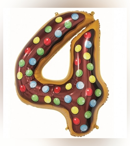 Balon din Folie Metalizata Flippy, Figurina Cifra, Imprimeu Gogosi, Tema Aniversare 100 cm, Ambalaj Individual, Pai inclus, Umflare cu Aer sau Heliu, Multicolor, Cifra 4