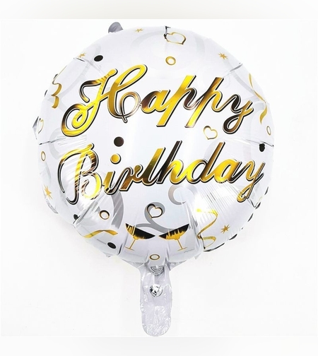 Balon din Folie Metalizata, Flippy, Mini Figurina Rotunda, Model Happy Birthday, Tema Aniversare, 45 cm, Ambalaj Individual, Pai inclus, Umflare cu Aer sau Heliu, Argintiu