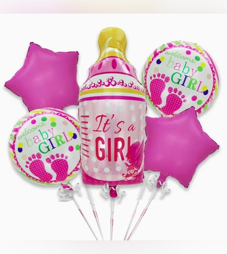 Baloane decorative GENDER REVEAL PARTY, Flippy, Figurina Sticluta, Model IT'S A GIRL, Set din 5 baloane, 40 x 77 cm, pentru Botez, Roz