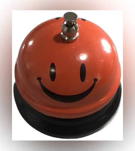 Clopotel Metalic Multifunctional, Flippy, Portocaliu cu Imprimeu Smiley Face, 7.5x7.5x6.5 cm, Receptie, Restaurant, Cafenele
