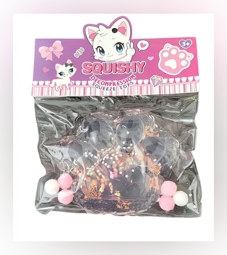 Jucarie Antistres Squishy, Flippy, cu Revenire Lenta, Model Labuta de Pisica Pufoasa, 12.5x10.5 cm, 220g, Squeeze Pinch Family, Roz transparent