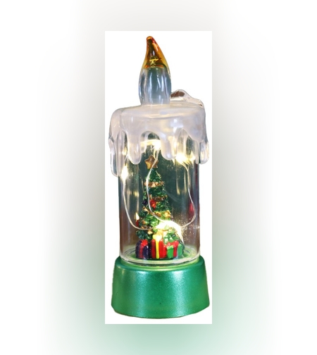 Decoratiune de Craciun tip Lumanare, Flippy, Lumanare de Cristal fara Fulgi de Zapada, Model Brad, Iluminare LED, 13 x 5 x 5 cm, Baza Verde, Transparent