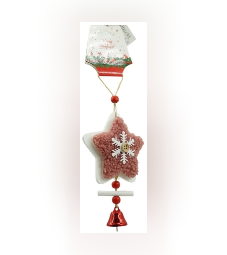Ornament de brad broderie cu stea, Flippy, roz, lemn, 18 cm