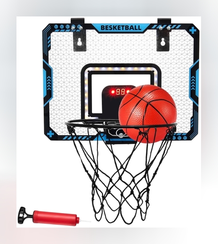 Cos de Baschet pentru Copii, Flippy, cu Tablou de Bord Electronic, Minge, Pompa, 2 Moduri, Interior/Exterior, Inel Metalic si Rabatabil cu Arc, Luminos, 41x31x5 cm, Multicolor