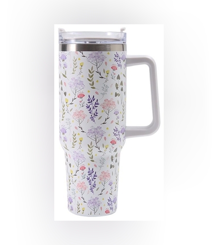 Cana Termos din Plastic, Flippy, pentru Bauturi Calde si Reci, cu Maner, Imprimeu Floral,  Alb, 10x7.6x27.5 cm