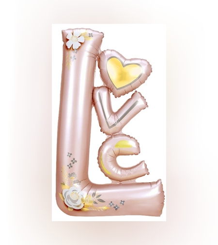 Balon din Folie Metalizata, Flippy, Figurine, Model LOVE, Tematica Iubire, 110x64 cm, Ambalaj Individual, Pai Inclus, Umflare cu Aer sau Heliu, Roz Deschis