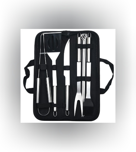 Set 9 Ustensile pentru Gratar, Flippy, din Otel Inoxidabil, Geanta Oxford, Argintiu