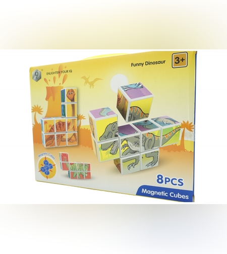 Set inteligent de cuburi magnetice pentru copii, 8 piese, cutie depozitare, puzzle dinozauri, +3 ani, multicolor
