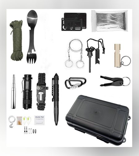Kit supravietuire multifunctional Flippy, Instrumente profesionale, Agatatoare ghiozdan, pentru Camping, Drumetii, Aventuri in aer liber, negru
