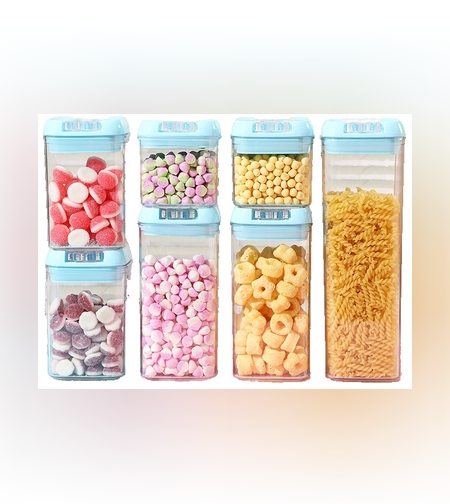 Set 7 Cutii de Depozitare Alimente, Flippy, 2 x 500ml, 2 x 800ml, 2 x 1200ml, 1 x 1900 ml, Capac Albastru, din PP+PET, Inchidere Ermetica, Transparent