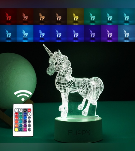 Lampa LED decorativa, Flippy, 3D, Unicorn, cu USB si baterii, 20 cm inaltime, din material acril, lumina multicolora si telecomanda inclusa, alb