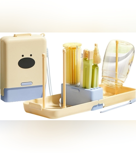 Set 7 Piese de Spalat/Uscat Biberoane, Flippy, Portabil, Peri de Silicon, pentru Tetine, Suzete, Biberoane, Paie, Cutie Inclusa, 16.8 x 12 x 5 cm, Model Catel, Albastru