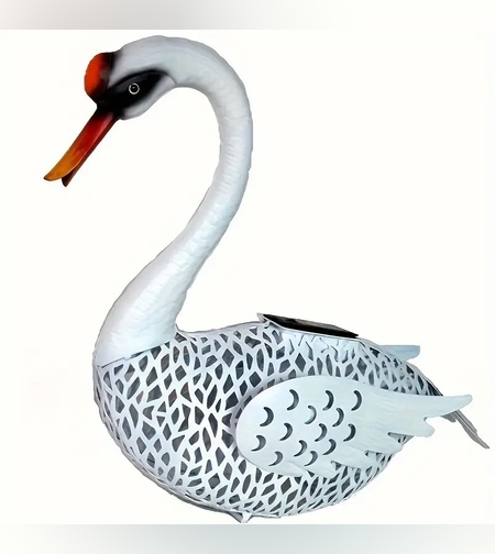 Decoratiune de Gradina cu Lampa solara, Flippy, Model Lebada, Iluminare Led si Incarcare Solara, 39.5 x 35.5 x 14 cm, din Fier, Alb