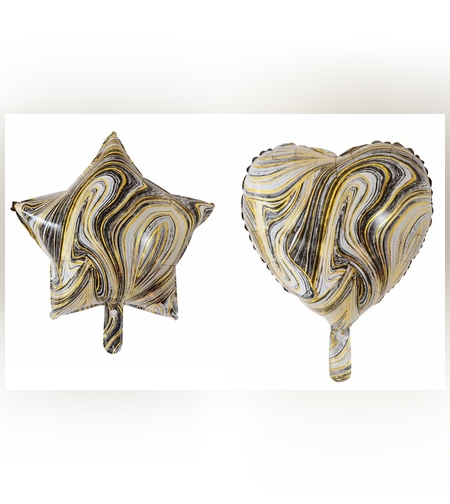 Set 2 Baloane din Folie Metalizata, Flippy, Figurine Inima si Stea, Model Marmura, 45 cm, Ambalaj Individual, Pai Inclus, Umflare cu Aer sau Heliu, Bej