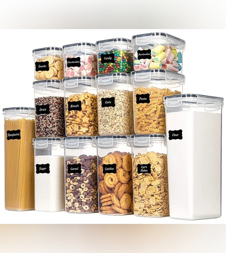 Cutii de depozitare alimente, Flippy, Set din 14 Cutii pentru Condimente, Cereale, Cutii pentru Bucatarie, din Plastic PP, Cutii Alimentare, Diferite Dimensiuni, Transparente