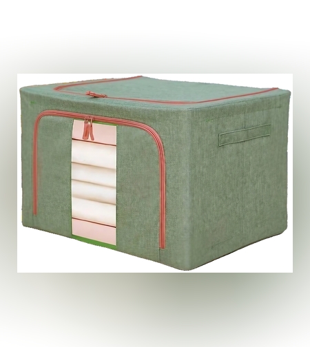 Cutie de Depozitare Pliabila, Flippy, Cu fermoar Bidirectional, 66 L, Textil, 50x40x33 cm, Cadru Metalic, o Fereastra, Suport Baza Stabil din Plastic, Verde