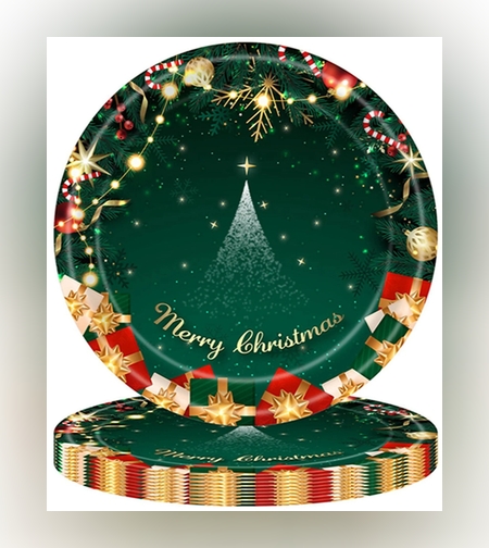 Set 16 Farfurii de Unica Folosinta, Flippy, Model Brad de Craciun Merry Christmas, Tematica Craciun, 18 cm, Verde