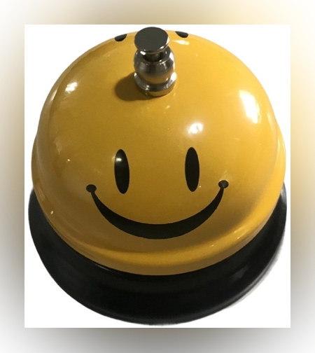 Clopotel Metalic Multifunctional, Flippy, Galben cu Imprimeu Smiley Face, 7.5x7.5x6.5 cm, Receptie, Restaurant, Cafenele