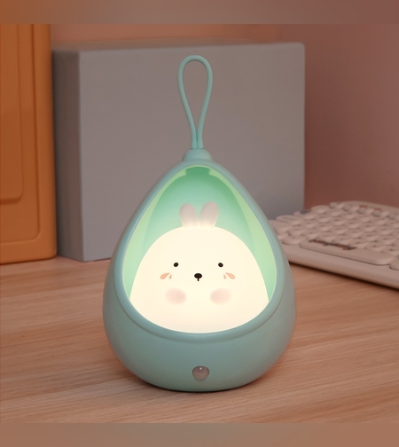 Lampa de veghe portabila cu 2 moduri de functionare Flippy, silicon non-toxic, reincarcabila USB, senzor miscare, albastru, iepuras