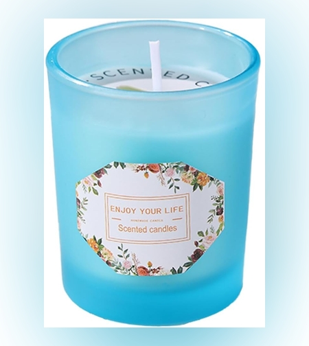 Lumanare Parfumata, Flippy, Model Pahar Albastru, Aroma de Lime si Busuioc, din Ceara de Soia, 6.2 x 5.2 cm, Albastru