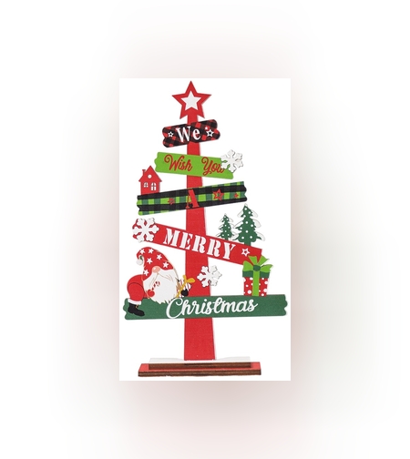 Decoratiune de Craciun din Lemn, Flippy, pentru Masa, Model Bradut, Scris We Wish You A Merry Christmas, 21.5x12.2x4 cm, Multicolor