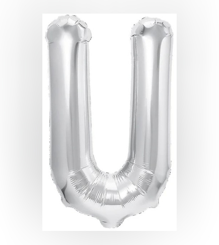 Balon Folie Metalizata Litera U, Flippy, 40 cm, Umflati cu Heliu sau Aer, Ambalaj Individual, Pai inclus, Argintiu
