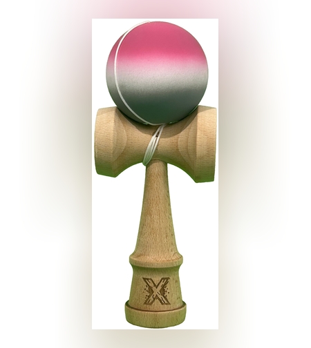Jucarie Interactiva Kendama X Profesionala, Flippy, din Lemn cu Bila Cauciucata, 18 cm, Joc de Indemanare pentru Copii si Adulti, Gradient Roz Alb Gri