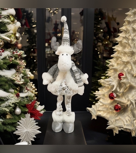 Figurina Decorativa, Pentru Craciun, Flippy, Ren, Picioare Telescopice, Inaltime Reglabila 52- 82 cm, Pantaloni Luciosi, Alb/Argintiu