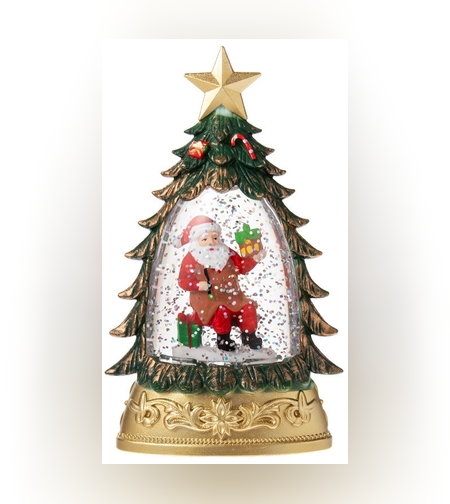 Decoratiune de Craciun tip Brad, Flippy, Glob de Cristal cu Fulgi de Zapada, Model Mos Craciun, Iluminare LED, 16 x 9 x 5 cm, Carcasa Vintage Verde, Transparent