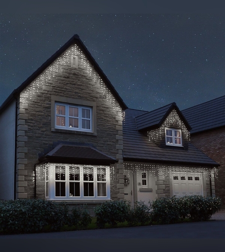 Instalatie Craciun Profesionala de Exterior IP65, 50 m, 1200 Led-uri Mari ,Franjuri, Alb rece, Flash, Alimentator, Interconectabila, Prelungitor 6.5 m inclus, Fir Negru Cauciucat, 220v, Flippy