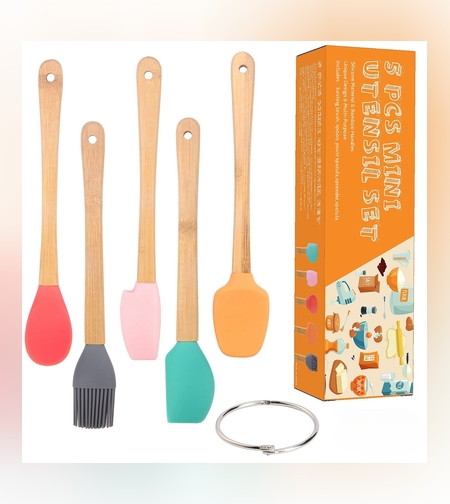 Set 5 Mini Spatule de Silicon Flippy, pensula, Stejar, Multicolor