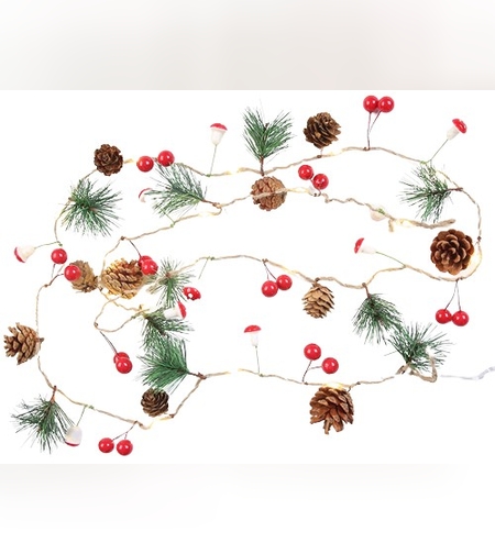 Instalatie Craciun cu baterii, 2 metri, 20 LED-uri tip Ace, conuri de pin si ciuperci, Alb Cald, Flippy