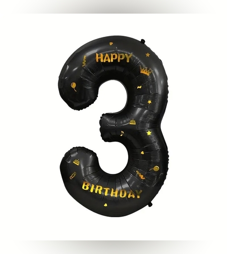 Balon din Folie Metalizata Flippy, Figurina Cifra, Scris Happy Birthday, Tema Aniversare 100 cm, Ambalaj Individual, Pai inclus, Umflare cu Aer sau Heliu, Negru, Cifra 3