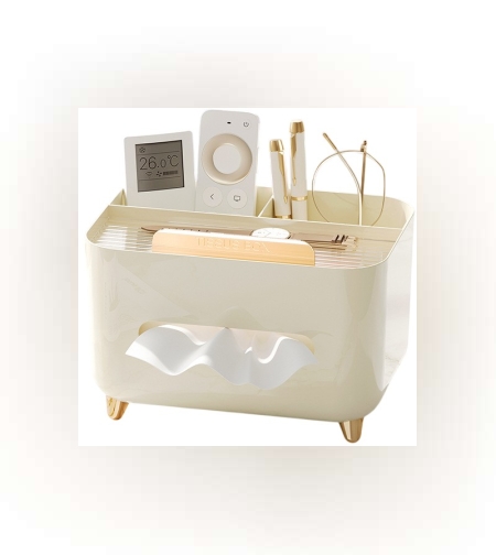 Suport pentru Servetele, Flippy, Cutie Multifunctionala, Design Minimalist, ABS, cu Suport pentru Obiectele Personale, pentru Birou, 21x15x13 cm, Crem