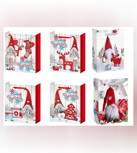 Set 6 Pungi Cadou, Flippy, Imprimeu Tematica Gnomi, Model Random, din Hartie, Impachetare Usoara a Cadourilor, 18.5x22.5x8.5 cm, Multicolor