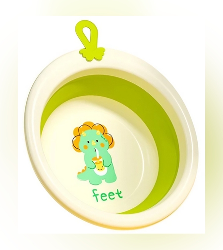 Cada Pliabila pentru Baie pentru Copii, Flippy, Cadita pentru Bebelusi, Model Rotund cu Dinozaur, Verde, 30x30x3.7 cm, 4L