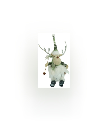 Ornament de Craciun ren pe schiuri model 2, Flippy, alb/verde, textil, 33 cm