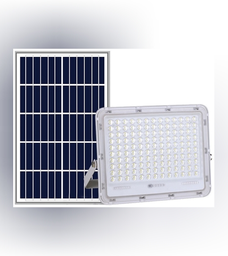 Proiector LED cu Panou Solar Flippy, Senzor de lumina Waterproof, 100W, 23x18 cm, suport U inclus, panou afisaj nivel baterie, telecomanda, 220V, Design Modern, Alb