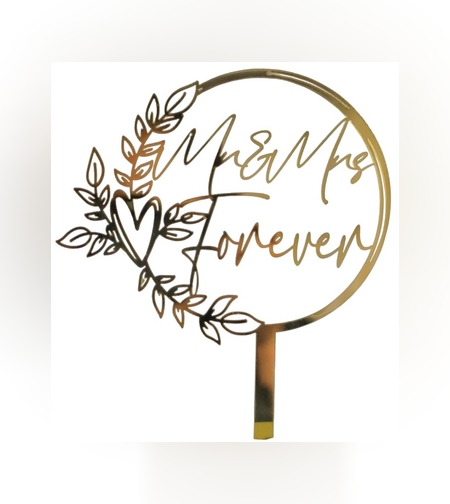 Decoratiune Topper pentru Tort, Flippy, Model Mr&Mrs Forever, Tematica Nunta, 10 cm, Auriu