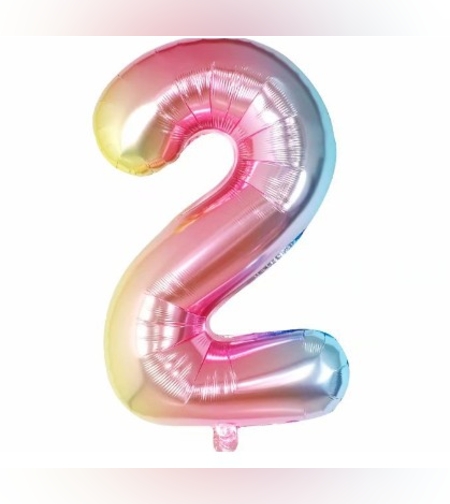 Balon din Folie Metalizata Flippy, Figurina Cifra Gradient, Tema Aniversare 40 cm, Ambalaj Individual, Pai inclus, Umflare cu Aer sau Heliu, Multicolor, Cifra 2
