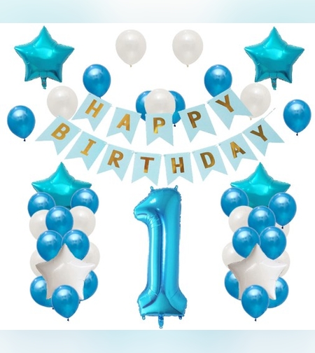 Set Baloane Aniversare HAPPY BIRTHDAY, Flippy, set din 42 bucati, 1 bucata cifra mare, 4 stele din folie aluminiu, 37 simple din latex, Baby Boy, 60 cm Albastru