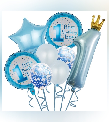 Set 8 Baloane din Folie Metalizată si din Latex, Flippy, Figurine Cifra 1 Printesa 91cm, Stea 45 cm si Cerc 55 cm, Baloane Latex 30 cm, Tema Prima Aniversare, Ambalaj Individual, Pai Inclus, Umflare cu Aer sau Heliu, Albastru