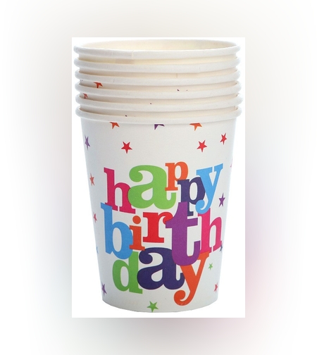 Set 6 Pahare de Carton, Flippy, Colectia Happy Birthday, 7 x 5 x 8.5 cm, 230 ml, Multicolor
